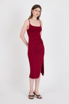 Bordo Askılı Yırtmaçlı Drape Detaylı Dokuma Elbise 21003