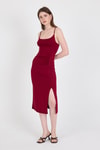 Bordo Askılı Yırtmaçlı Drape Detaylı Dokuma Elbise 21003