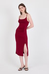 Bordo Askılı Yırtmaçlı Drape Detaylı Dokuma Elbise 21003