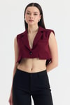Bordo Crop Vatkalı Tek Düğme Cep Detay Yelek 6929