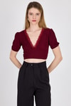 Bordo Dantel Detaylı Bürümcük Kumaş Crop Bluz 2231