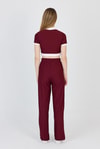 Bordo Düğmeli Crop Bluz & Şeritli Palazzo Pantolon Takım 2214