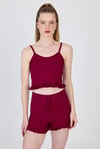Bordo İp Askılı Fırfırlı Şortlu Takım 0703