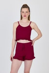 Bordo İp Askılı Fırfırlı Şortlu Takım 0703