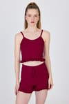 Bordo İp Askılı Fırfırlı Şortlu Takım 0703