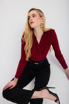 Bordo Kruvaze Yaka Vatkalı Bluz 9256