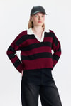 Bordo Polo Yaka Çizgili Kazak 24379