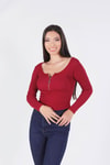Bordo Yaka Fermuarlı Bluz 1057