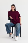 Bordo Yumuşak Dokulu Esnek Premium Kumaş Lazer Kesim Oversize Tişört 1868
