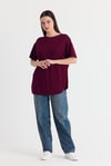 Bordo Yumuşak Dokulu Esnek Premium Kumaş Lazer Kesim Oversize Tişört 1868