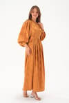 Camel Puantiye Desen Kemerli Elbise 4215A