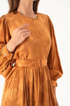 Camel Puantiye Desen Kemerli Elbise 4215A