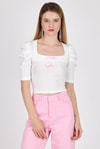 Ekru Kare Yaka Fiyonk DetaylI Crop Bluz 1349