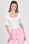 Ekru Kare Yaka Fiyonk DetaylI Crop Bluz 1349