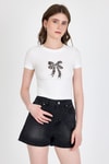 Ekru Leopar Fiyonk Baskılı Taş Detaylı Slim Fit Crop Tişört 0549-1