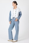 Ekru Peluş Görünümlü Denim Kollu Kadın Ceket 2225