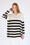 Ekru Polo Yaka Çizgili Tunik 5340
