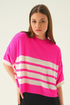 Fuşya Çizgi Detay Oversize Tişört 1454