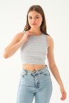 Gri Beyaz Fitilli Crop Kadın Atlet 1312