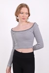 Gri Kare Yaka Çizgili Crop Bluz 9904
