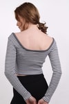 Gri Kare Yaka Çizgili Crop Bluz 9904