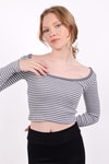 Gri Kare Yaka Çizgili Crop Bluz 9904