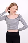 Gri Kare Yaka Çizgili Crop Bluz 9904