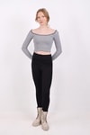 Gri Kare Yaka Çizgili Crop Bluz 9904
