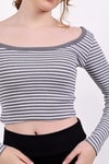 Gri Kare Yaka Çizgili Crop Bluz 9904
