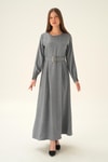 Gri Kol Drape Detay Kemerli Elbise 2659
