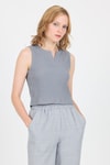 Gri V Yaka Kolsuz Crop Bluz 8027
