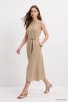Günlük Elbiseler-Bisiklet Yaka Belden Bağlamalı Elbise 8662A Vizon -rulem