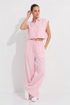 Kadın Alt-Üst Takım-Cepli crop Gömlek Pantolon Takım 7157 Pembe -rulem