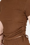 Kadın Alt-Üst Takım-Kahve Bürümcük Dokulu Büzgülü Crop ve Geniş Paça Pantolon Takımı 3001-rulem