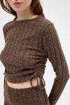 Kadın Alt-Üst Takım-Kahve Fitilli Crop Bluz Pantolon İkili Takımı 8114A-rulem