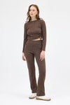 Kadın Alt-Üst Takım-Kahve Fitilli Crop Bluz Pantolon İkili Takımı 8114A-rulem