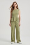 Kadın Alt-Üst Takım-Sıfır Kol Peplum Bluz Bol Paça Pantolon Takım 18007 Haki -rulem