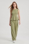 Kadın Alt-Üst Takım-Sıfır Kol Peplum Bluz Bol Paça Pantolon Takım 18007 Haki -rulem