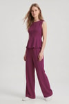 Kadın Alt-Üst Takım-Sıfır Kol Peplum Bluz Bol Paça Pantolon Takım 18007 Mürdüm -rulem
