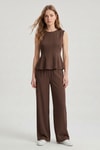 Kadın Alt-Üst Takım-Sıfır Kol Peplum Bluz Bol Paça Pantolon Takım 18007 Acı Kahve -rulem