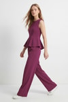 Kadın Alt-Üst Takım-Sıfır Kol Peplum Bluz Bol Paça Pantolon Takım 18007 Mürdüm -rulem