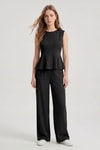Kadın Alt-Üst Takım-Sıfır Kol Peplum Bluz Bol Paça Pantolon Takım 18007 Siyah -rulem