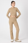 Kadın Alt-Üst Takım-Vizon Fitilli Crop Bluz Pantolon İkili Takımı 8114A-rulem