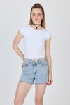 Kadın Body-Beyaz Bisiklet Yaka Pamuklu Slim Fit Tişört 9190-rulem