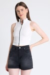 Kadın Body-Beyaz Fermuar Detaylı Kolsuz Crop Bluz 2226-rulem