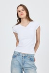 Kadın Body-Beyaz V Yaka Düğmeli Cep Detaylı Slim Fit Tişört 2213-rulem
