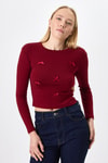 Kadın Body-Bordo Bisiklet Yaka Kurdele Aplike Detaylı Kadın Crop Body 8264A-rulem