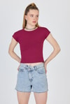 Kadın Body-Bordo Bisiklet Yaka Pamuklu Slim Fit Tişört 9190-rulem