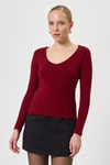 Kadın Body-Bordo Fitilli V Yaka Uzun Kollu Kadın Body 8266A-rulem