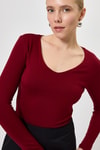 Kadın Body-Bordo Fitilli V Yaka Uzun Kollu Kadın Body 8266A-rulem